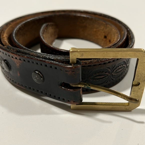 Vintage - brown, leather tooled belt, brass hardware - Picture 1 of 6